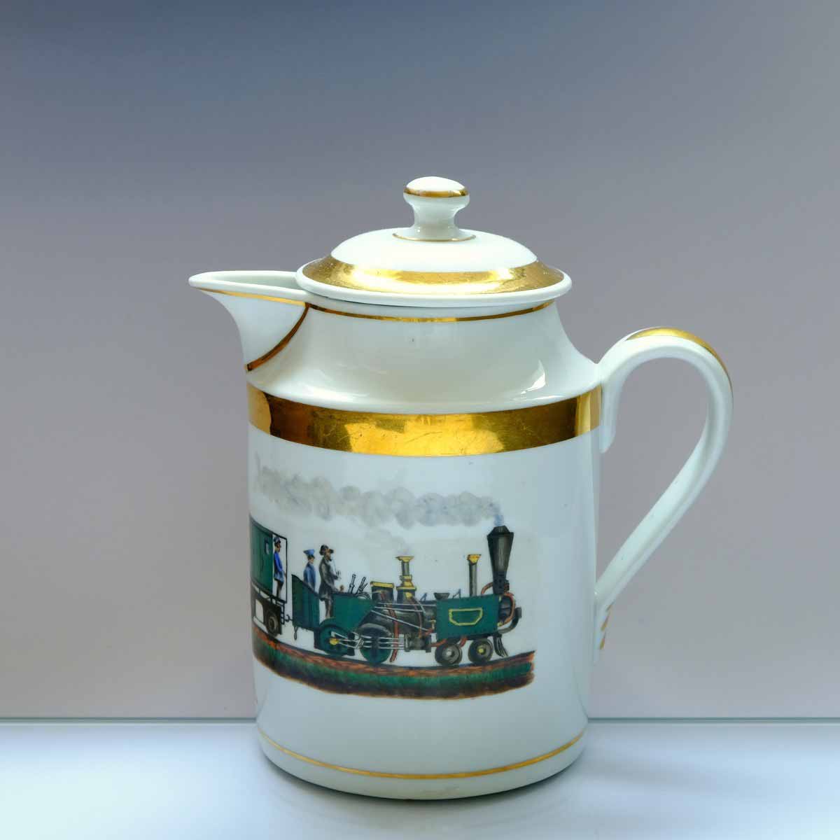 Biedermeierová konvička s parní lokomotivou