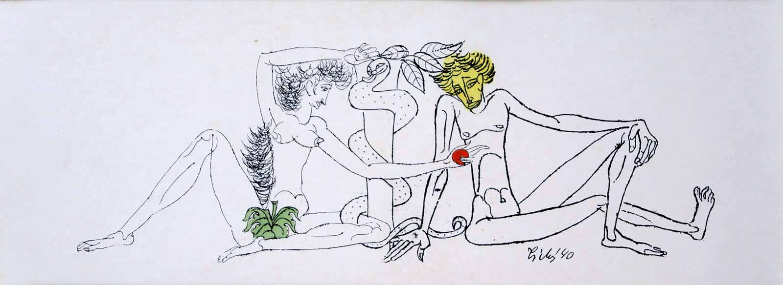 František Tichý (1896 - 1961) - Adam a Eva - Novoročenka F. Tichého a J. Hoška