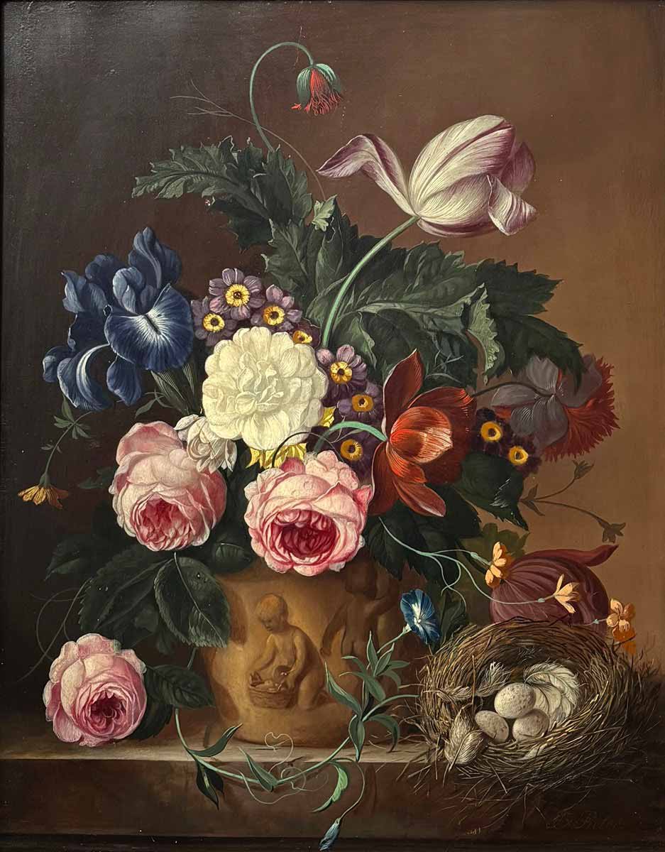 Franz Xaver Pieler (1876 - 1952) - Květinové zátiší s ptačím hnízdem