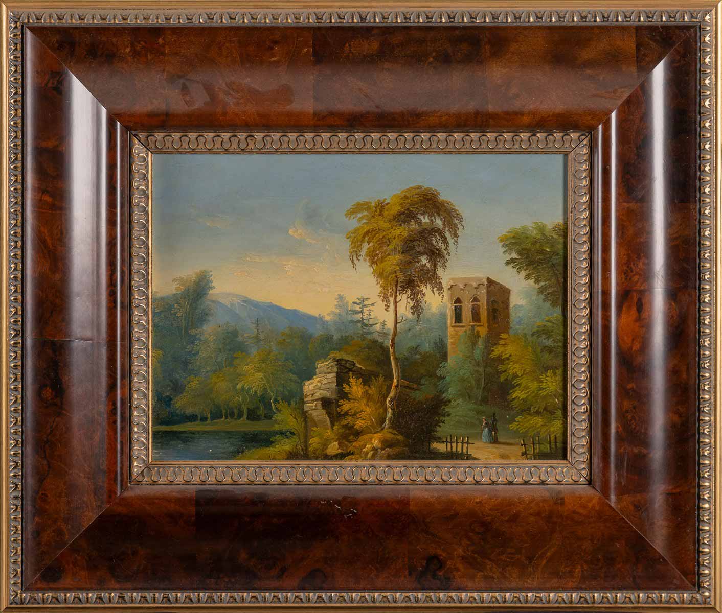 Romantické krajiny se zříceninou a vodní plochou - párové obrazy