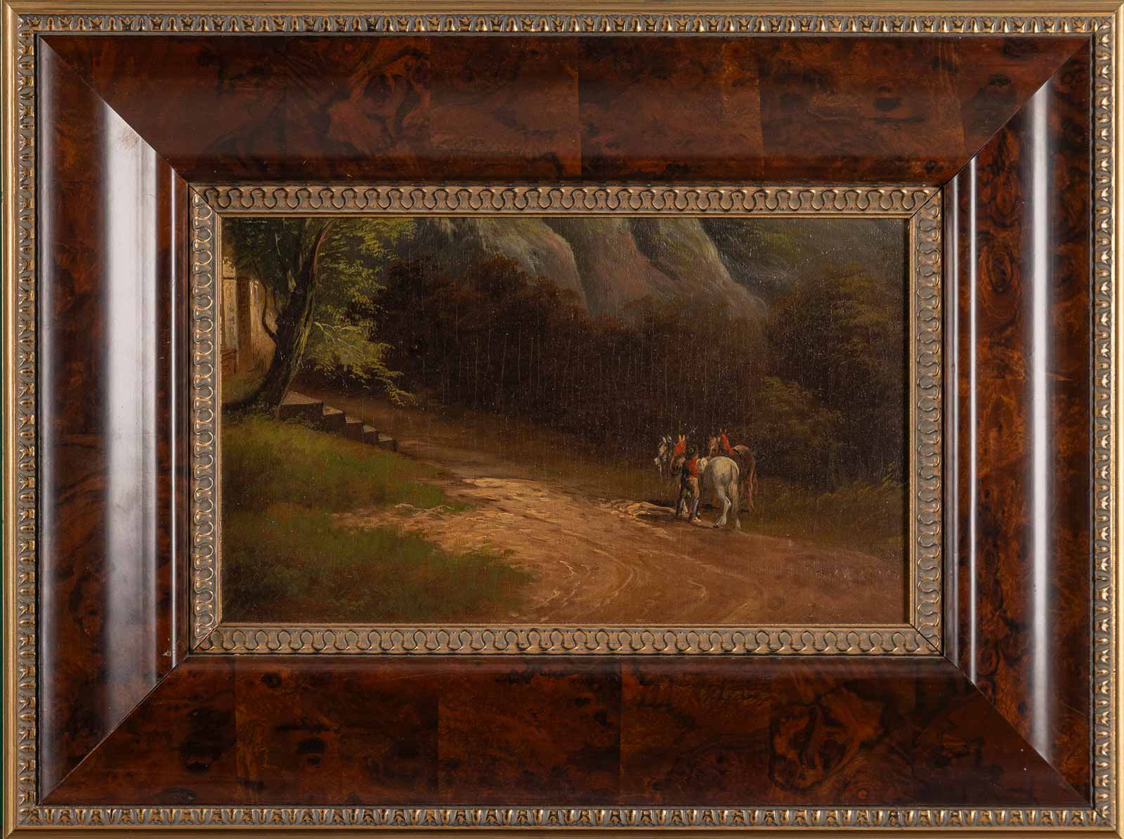 Krajina se sedlákem s koňmi pod skálou