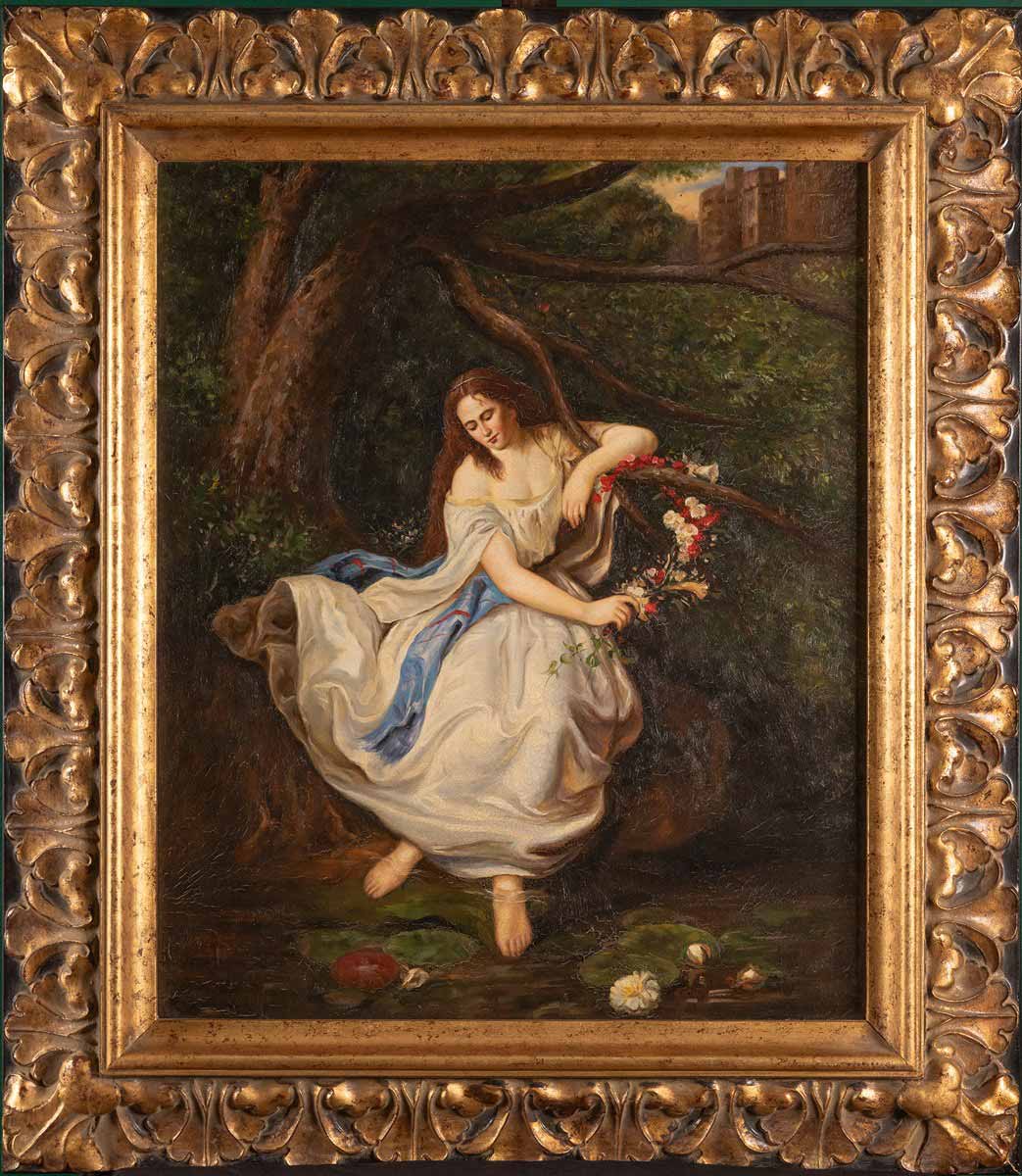 Dívka s věncem květů v potoce