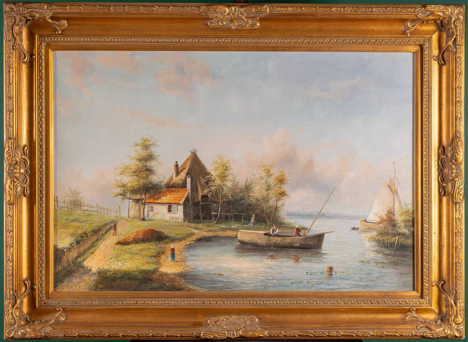 Krajina s chalupou a loďkou