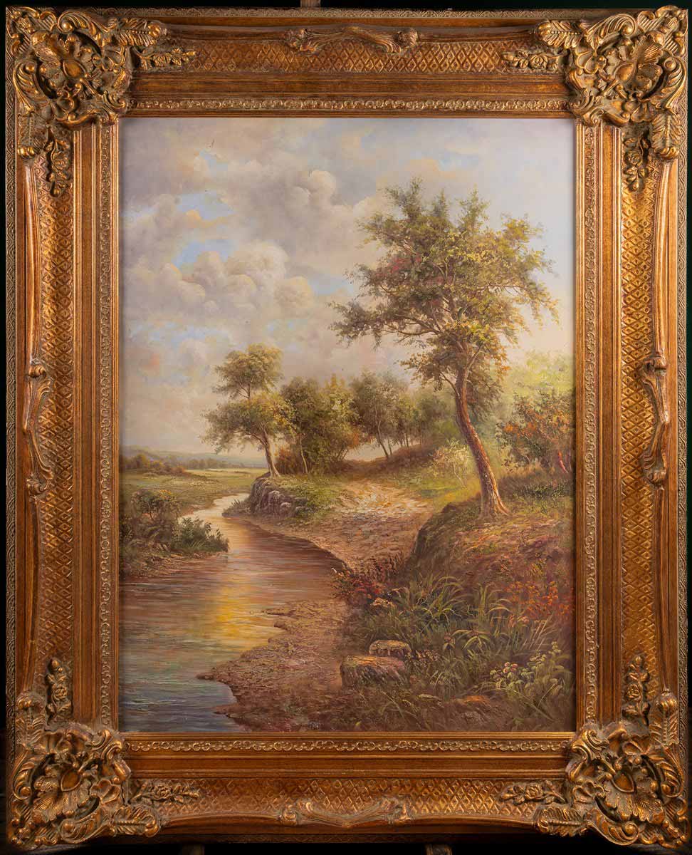 Krajina s potokem a stromy