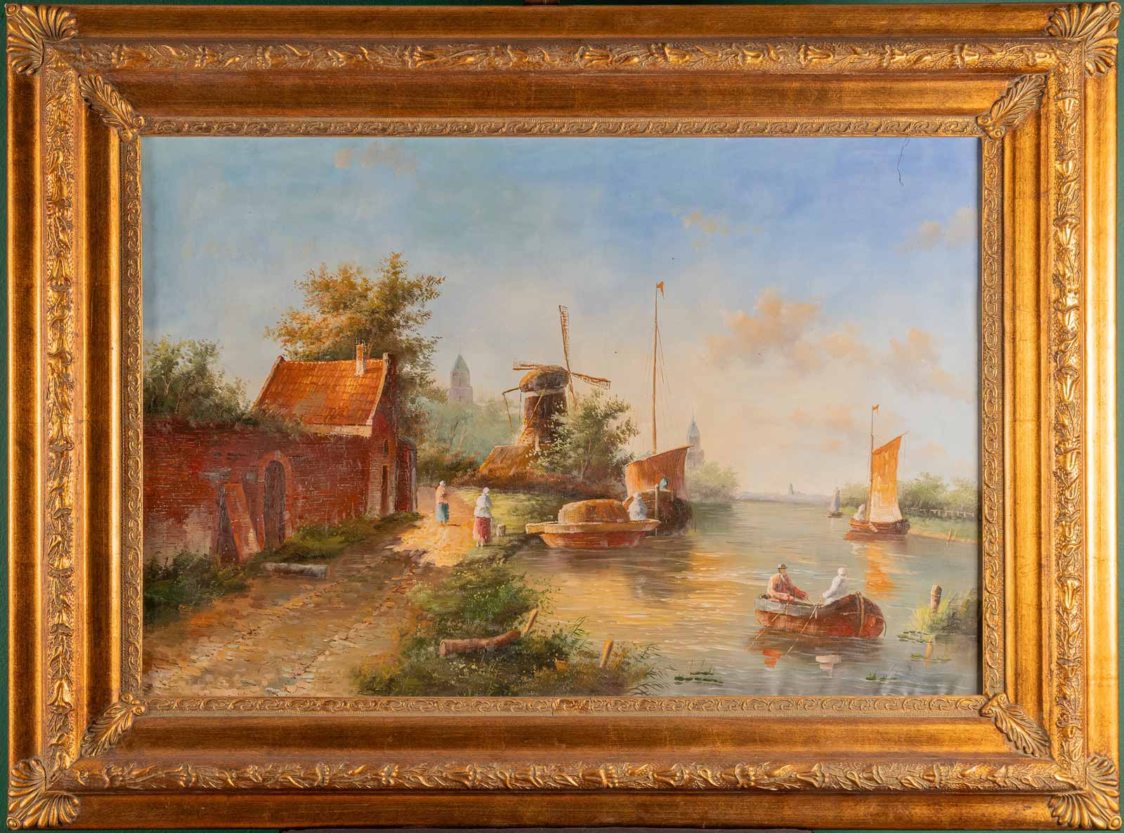 Krajina s řekou, loďkami, větrným mlýnem a zídkou