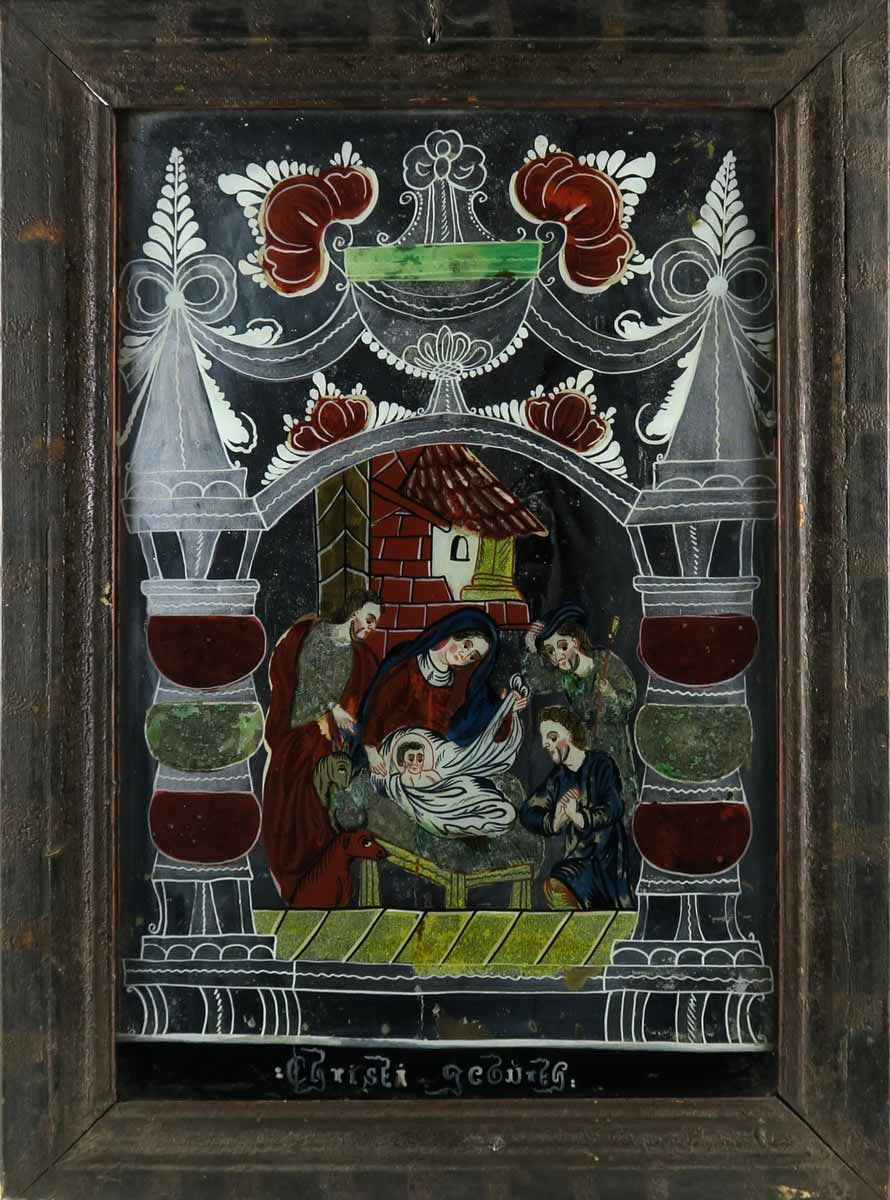 Zrcadlová podmalba "Narození Páně"